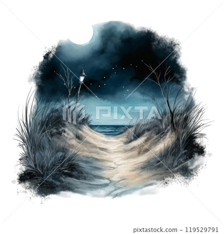 Nighttime Path Leading to the Sea with a Lamppost and a Starry Sky 119529791
