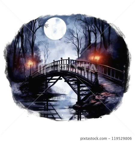 Bridge under Moonlight in a Foggy Forest 119529806