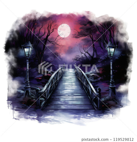 A Wooden Bridge Leading Through a Dark, Foggy Forest Under a Full Moon A Wooden Bridge Leading Through a Dark, Foggy Forest Under a Full Moon 119529812
