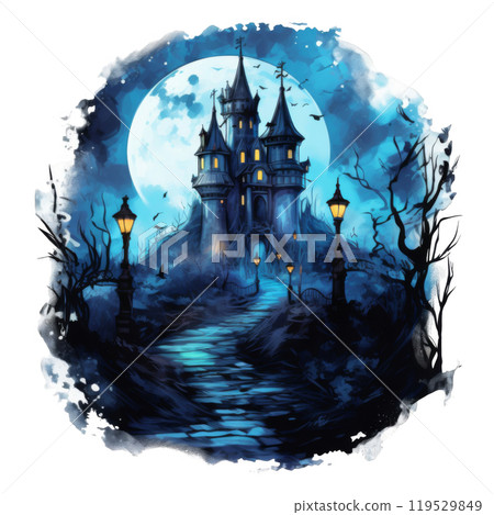 A Spooky, Blue-Lit Castle Under a Full Moon 119529849