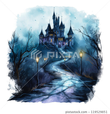 A winding path leads up to a towering stone castle, lit by glowing lanterns. 119529851