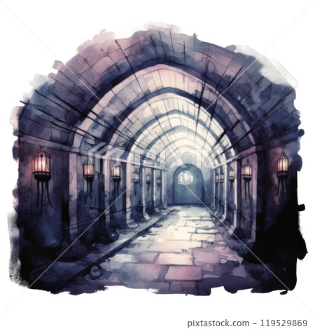 A Watercolor Depiction of a Dark and Eerie Stone Passageway 119529869