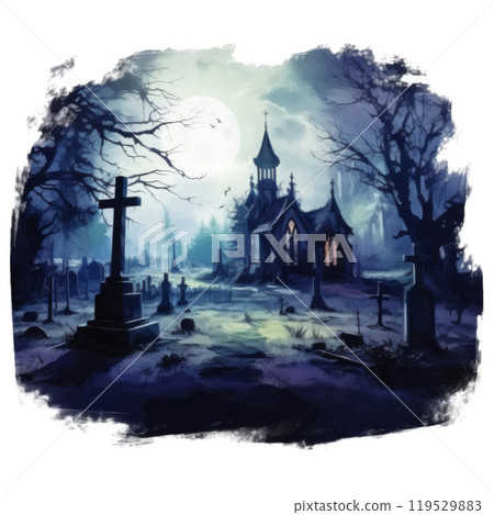 A Gothic Church and Cemetery Under a Full Moon 119529883