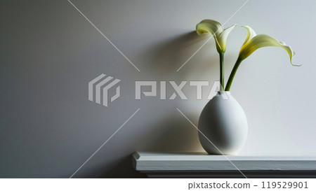 Two white calla lilies in a round light vase on a shelf against a grey wall. Elegant home decor 119529901
