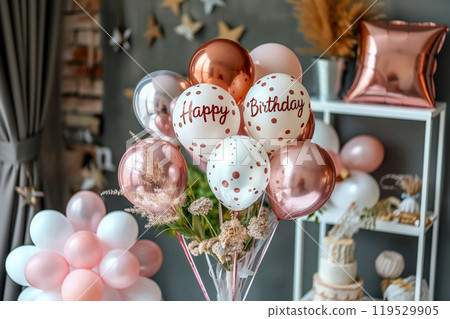 An elegant bunch of pearlescent pink and white balloons with lettering Happy Birthday. Festive anniversary celebration concept 119529905