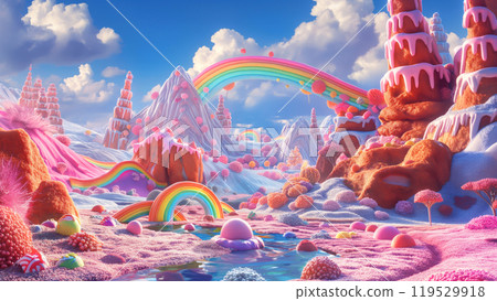 A candy land landscape with creamy muffin mountains sugar river and bright rainbow bridge in fluffy clouds. Sweet wonderland kid child fantasy concept 119529918
