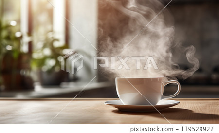 A steaming cup of coffee on a wooden table with a blurred sunlit background A steaming cup of coffee on a wooden table with a blurred sunlit background 119529922