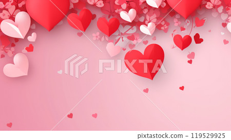 Paper cut frame border of red pink and white heart shapes flying from top on light minimal background with empty copy space for text. Love romantic greeting card mock up 119529925