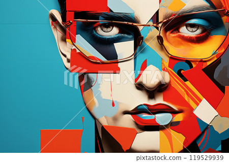 A realistic painting of a man face featuring glasses with attention to detail and lifelike expression. Contemporary modern trendy stylish pop art drawing in bold hues 119529939