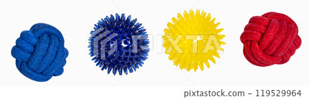 Different toy balls for dogs or cats isolated on white, collage. set. Colorful bright toy ball for pets 119529964