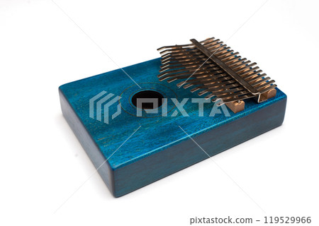 Wooden Blue calimba isolated on white background. Wooden Blue calimba isolated on white background. 119529966