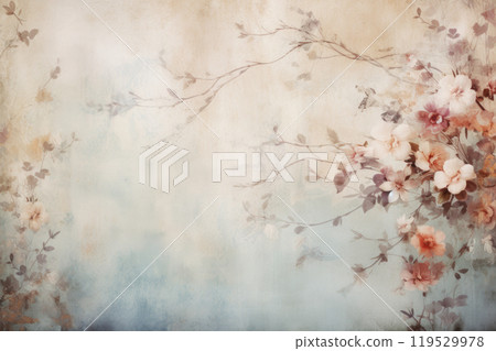 Floral background with empty copy space retro vintage style. Empty wall with flowers and leaves Floral background with empty copy space retro vintage style. Empty wall with flowers and leaves 119529978