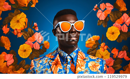 Modern pop art portrait of handsome man in white sunglasses on blue floral background. Contemporary drawing painting poster of stylish fashion people in vintage retro style 119529979