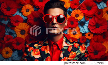 Contemporary pop art portrait of handsome man human in stylish outfit on a blooming flower background. Modern drawing painting poster of fashion vintage retro people Contemporary pop art portrait of handsome man human in stylish outfit on a blooming flower background. Modern drawing painting poster of fashion vintage retro people 119529980