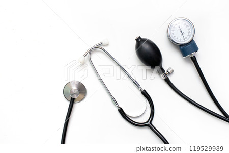 Tonometer. pressure measuring device on a white background. top view Tonometer. pressure measuring device on a white background. top view 119529989