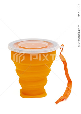 Portable Folding Cup. Multi-function Creative Water. Orange telescopic Cup. Red silicone Cup isolated on white background Portable Folding Cup. Multi-function Creative Water. Orange telescopic Cup. Red silicone Cup isolated on white background 119530002