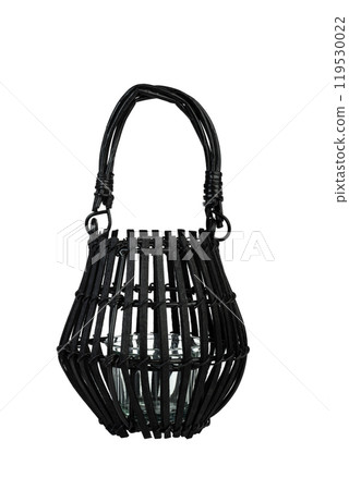 Modern wicker candlestick. Aromatic home decor. Black wicker candlestick in the form of lamp. An isolated object on white background. 119530022