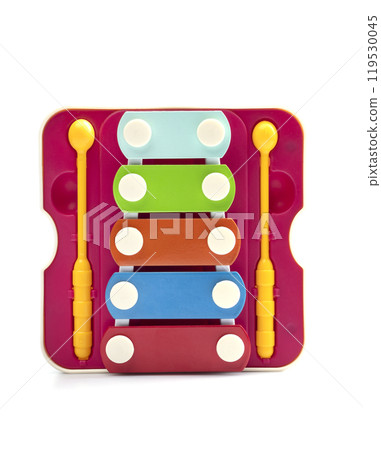 Colored toy educational xylophone with two sticks on a white background. children's musical instrument 119530045