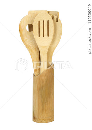 wooden cooking utensils in a bamboo holder on a white Background Wooden kitchen utensils isolated on white background wooden cooking utensils in a bamboo holder on a white Background Wooden kitchen utensils isolated on white background 119530049