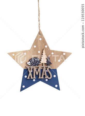 Christmas star made of wood. Christmas decoration. Christmas tree toy. Isolate on a white background. Christmas star made of wood. Christmas decoration. Christmas tree toy. Isolate on a white background. 119530055