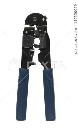 Modular plug crimper for RJ-45, white background, Crimper, Twisting Cable Tool for Crimping RJ45 LAN cable. isolated on white Modular plug crimper for RJ-45, white background, Crimper, Twisting Cable Tool for Crimping RJ45 LAN cable. isolated on white 119530069
