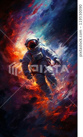 An astronaut adrift amidst a swirl of cosmic clouds and stars. Futuristic digital art 119530090