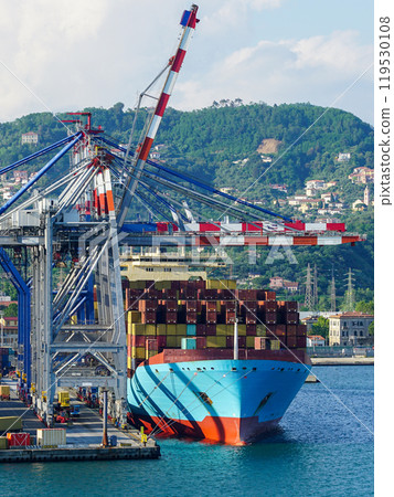 Large, high fully loaded container ship at the port container terminal with many high cranes Large, high fully loaded container ship at the port container terminal with many high cranes 119530108