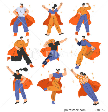 People Superhero Character Wearing Cloak Have Super Power Vector Set 119530152