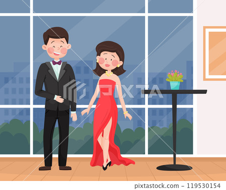 Man and Woman Celebrity at Gala Ceremony Standing in Fancy Dress Vector Illustration Man and Woman Celebrity at Gala Ceremony Standing in Fancy Dress Vector Illustration 119530154