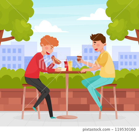 Street Food Cafe with Man Sit at Table Drink Coffee and Eat Hot Dog Vector Illustration 119530160