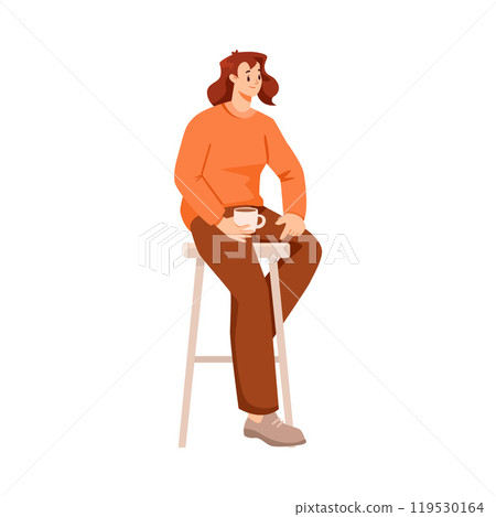Woman Character Sitting on Chair with Coffee Cup and Listen Vector Illustration 119530164