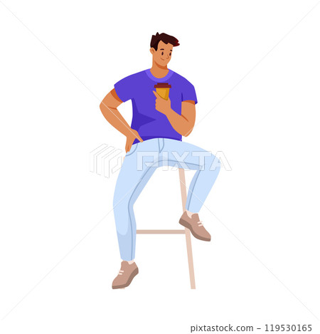 Man Character Sitting on Chair with Coffee Cup Vector Illustration 119530165