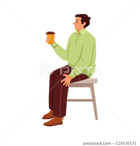 Man Character Sitting on Chair with Coffee Cup and Listen Vector Illustration 119530171