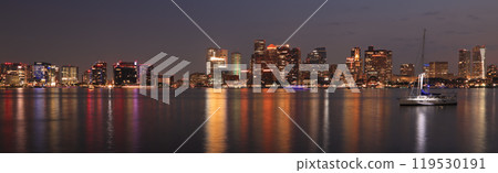 Panoramic view of Boston skyline and harbor at night with Atlantic Ocean on the foreground, USA Panoramic view of Boston skyline and harbor at night with Atlantic Ocean on the foreground, USA 119530191