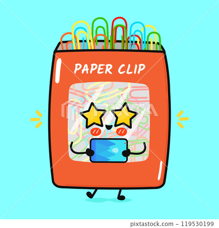 Paper clip with smartphone character. Vector hand drawn cartoon kawaii character illustration icon. Isolated on blue background. Paper clip character concept 119530199