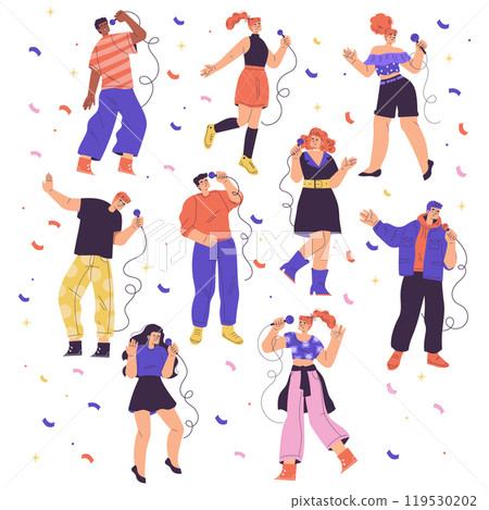 People Character Singing with Microphone Enjoy Karaoke Vector Set 119530202