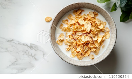 Bowl of cornflakes with milk on white marble background 119530224