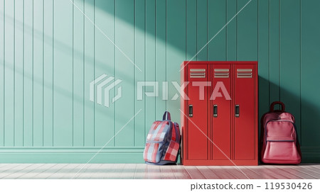 a red school locker cabinet with two backpacks leaning against it, set against a mint green wall 119530426