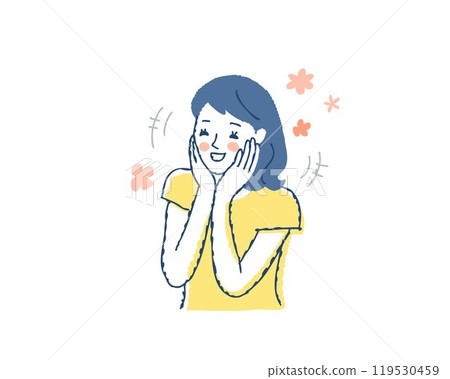 一個年輕女子手放在臉頰上很高興 119530459