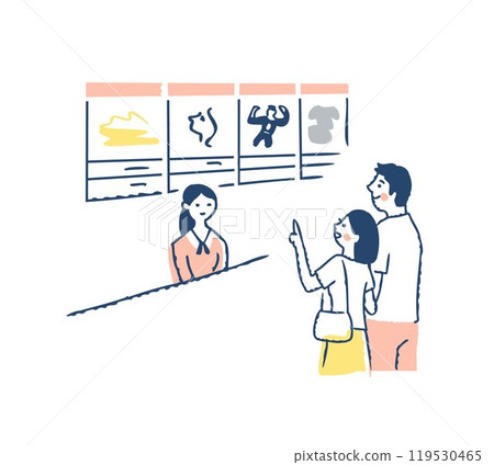 A woman at the ticket booth and a couple of customers 119530465