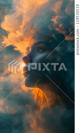 Side profile young woman surrounded by vibrant orange blue smoke ethereal 119530519