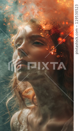 Young woman intense gaze framed fiery orange soft blue smoke captivating portrait 119530523