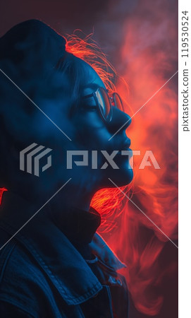 Side profile woman glasses beanie red blue smoke background dramatic lighting 119530524