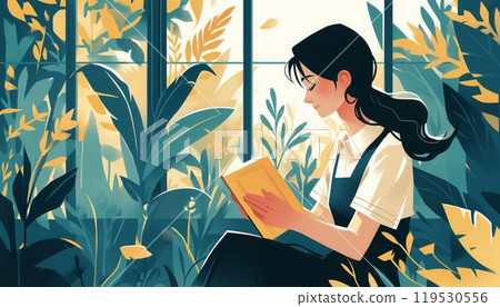 Illustration of a young woman reading a book surrounded by lush plants in a sunlit room 119530556