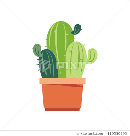 Illustration of multiple green cacti in a terracotta pot on a white background. Concept of indoor plants, gardening, and nature 119530593