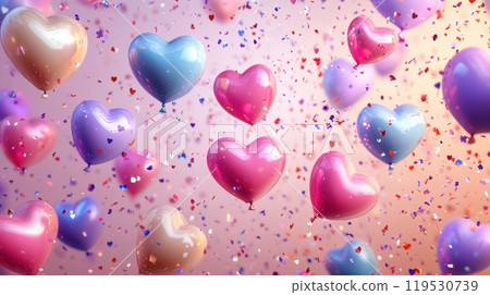 heart-shaped balloons in various pastel shades floating amidst confetti heart-shaped balloons in various pastel shades floating amidst confetti 119530739