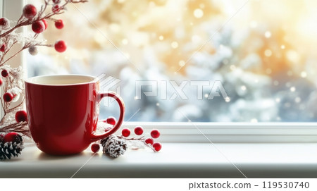 a red coffee cup sitting on a white windowsill, decorated with frosted pinecones and red berries, with a snowy, softly blurred winter background a red coffee cup sitting on a white windowsill, decorated with frosted pinecones and red berries, with a snowy, softly blurred winter background 119530740