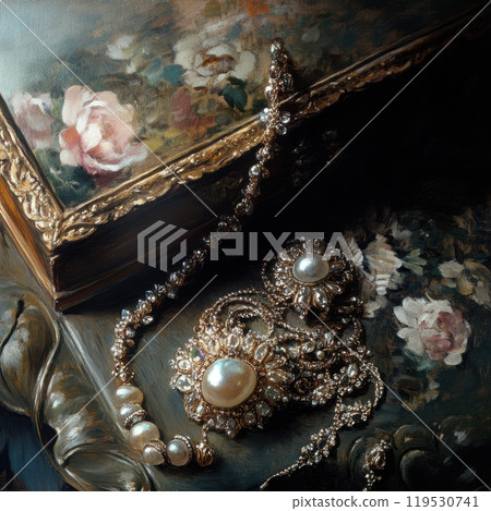 vintage jewelry, including a pearl-studded necklace and brooch, placed on an intricately painted floral box vintage jewelry, including a pearl-studded necklace and brooch, placed on an intricately painted floral box 119530741