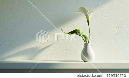 White sunlit calla lily in a light glossy ceramic vase standing on a shelf against a textured wall. Elegant home decor White sunlit calla lily in a light glossy ceramic vase standing on a shelf against a textured wall. Elegant home decor 119530750