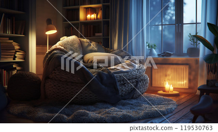 A cozy reading space with a comfortable chair and soft lighting. Private home corner for relaxation 119530763